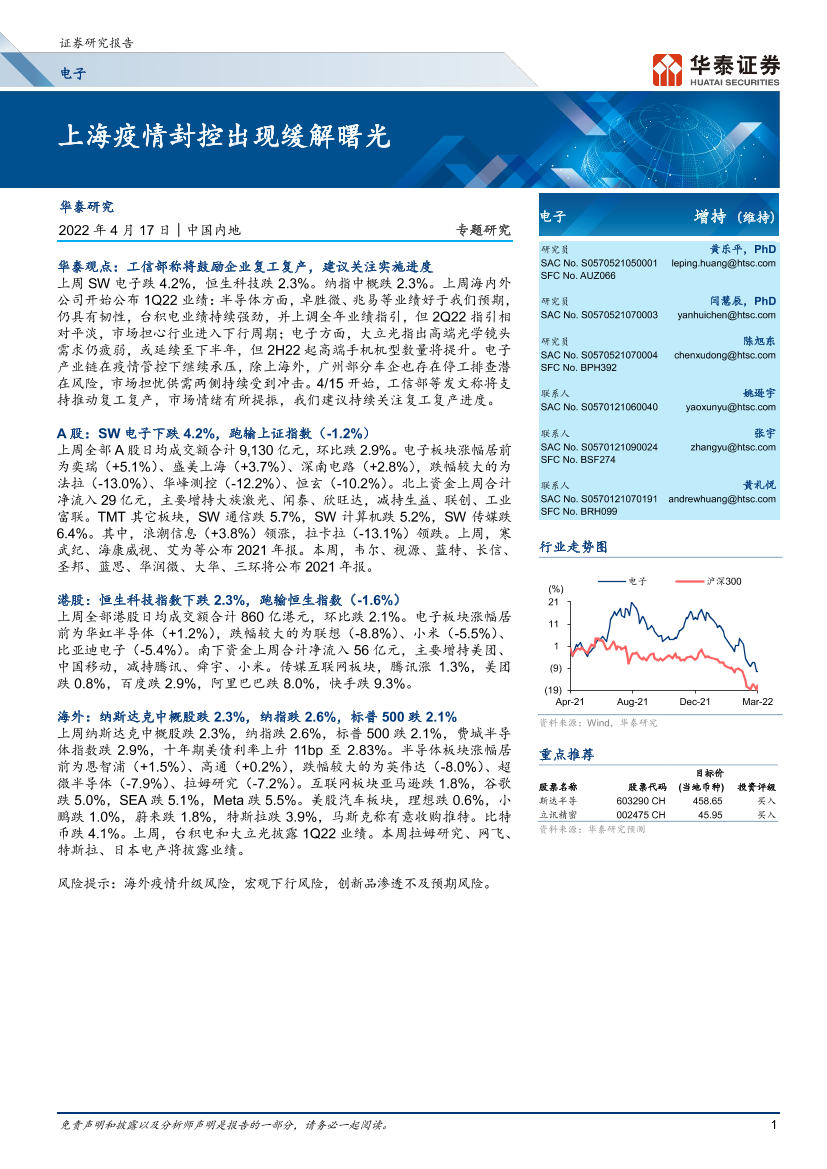 电子行业专题研究： 上海疫情封控出现缓解曙光-20220417-华泰证券-20页电子行业专题研究： 上海疫情封控出现缓解曙光-20220417-华泰证券-20页_1.png